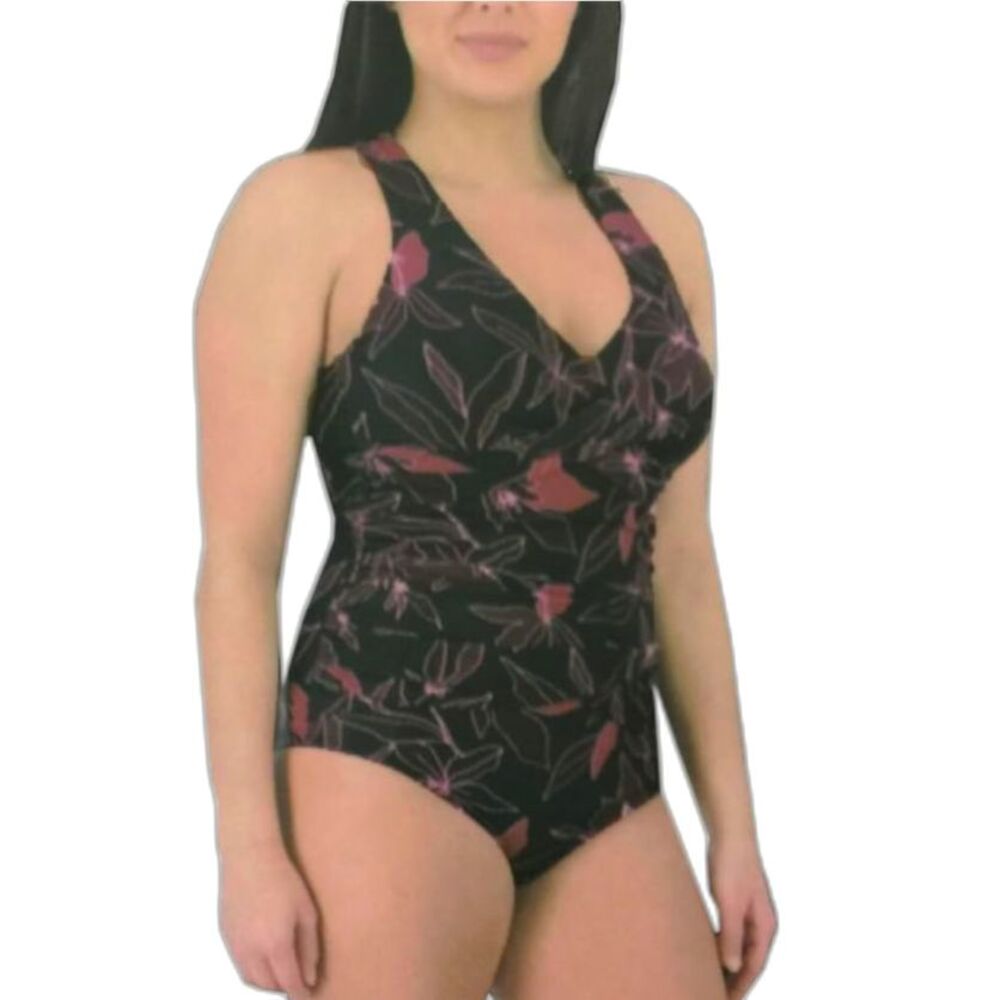Eddie Bauer Women's Black Pink Leaf Print V-Neck Shaping 1 Piece Swimsuit Sz M